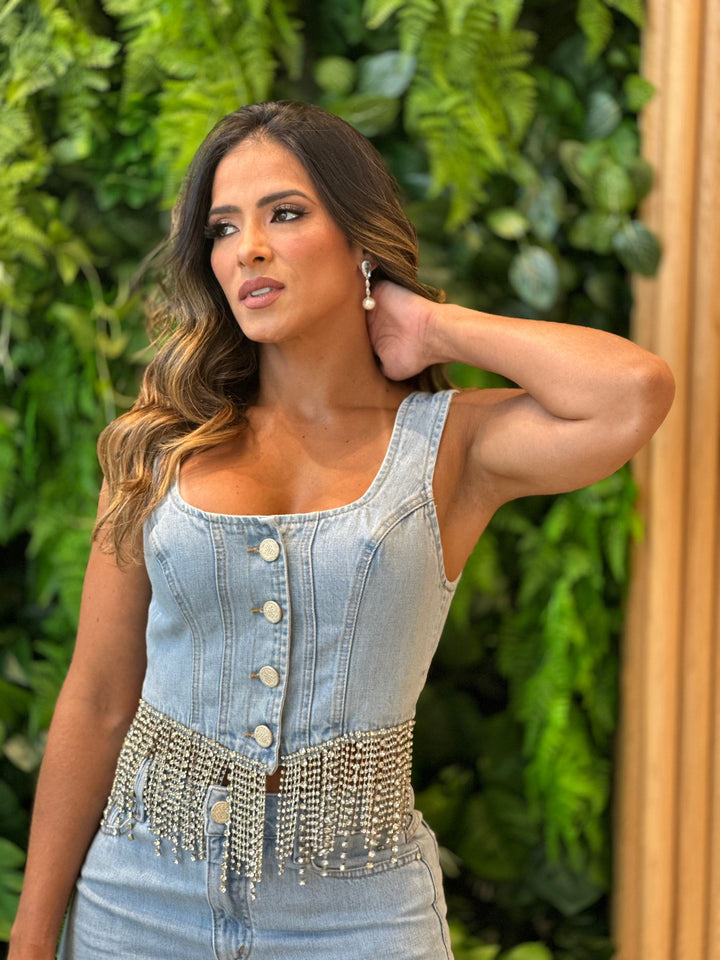 Jeans Skirt+Rhinestone Top Set